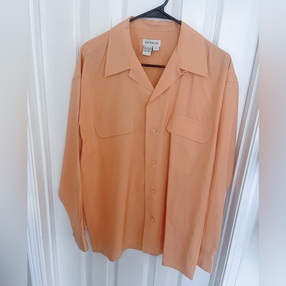 Ann Taylor Womens 100% Silk orange Lightweight Long Sleeve‎ Shirt Petite